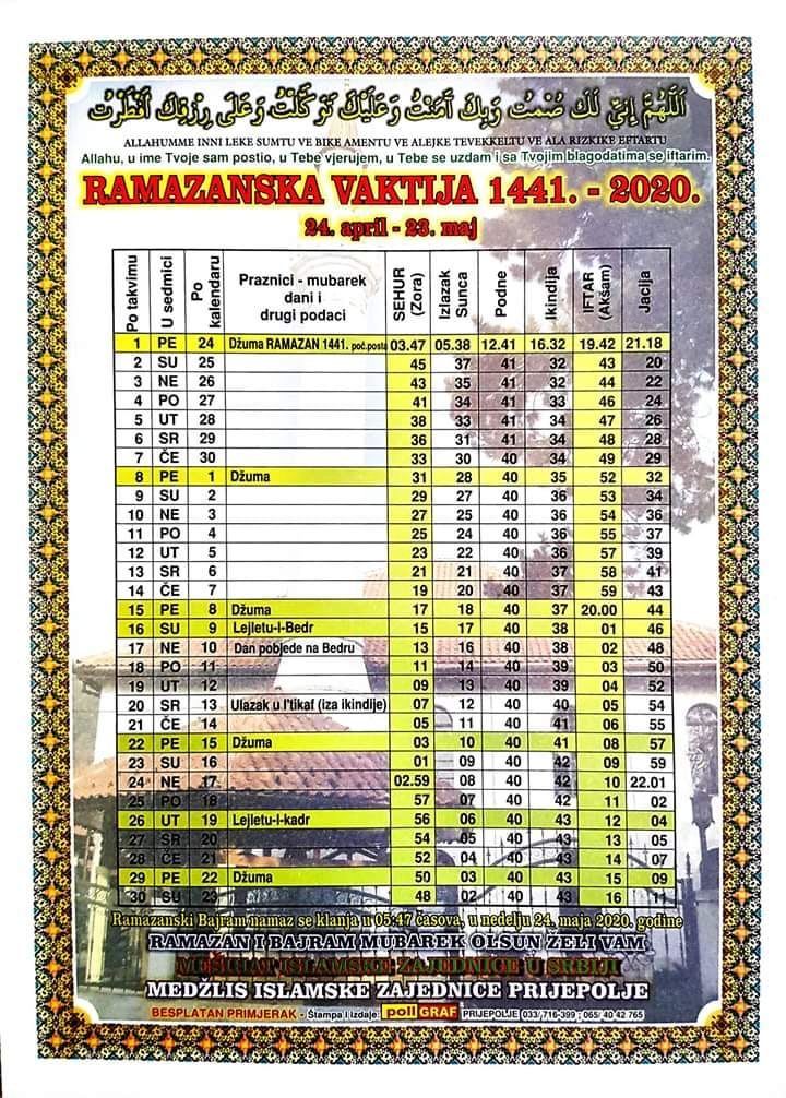 VAKTIJA ZA RAMAZAN 2020. GODINE Medžlis Prijepolje Islamska